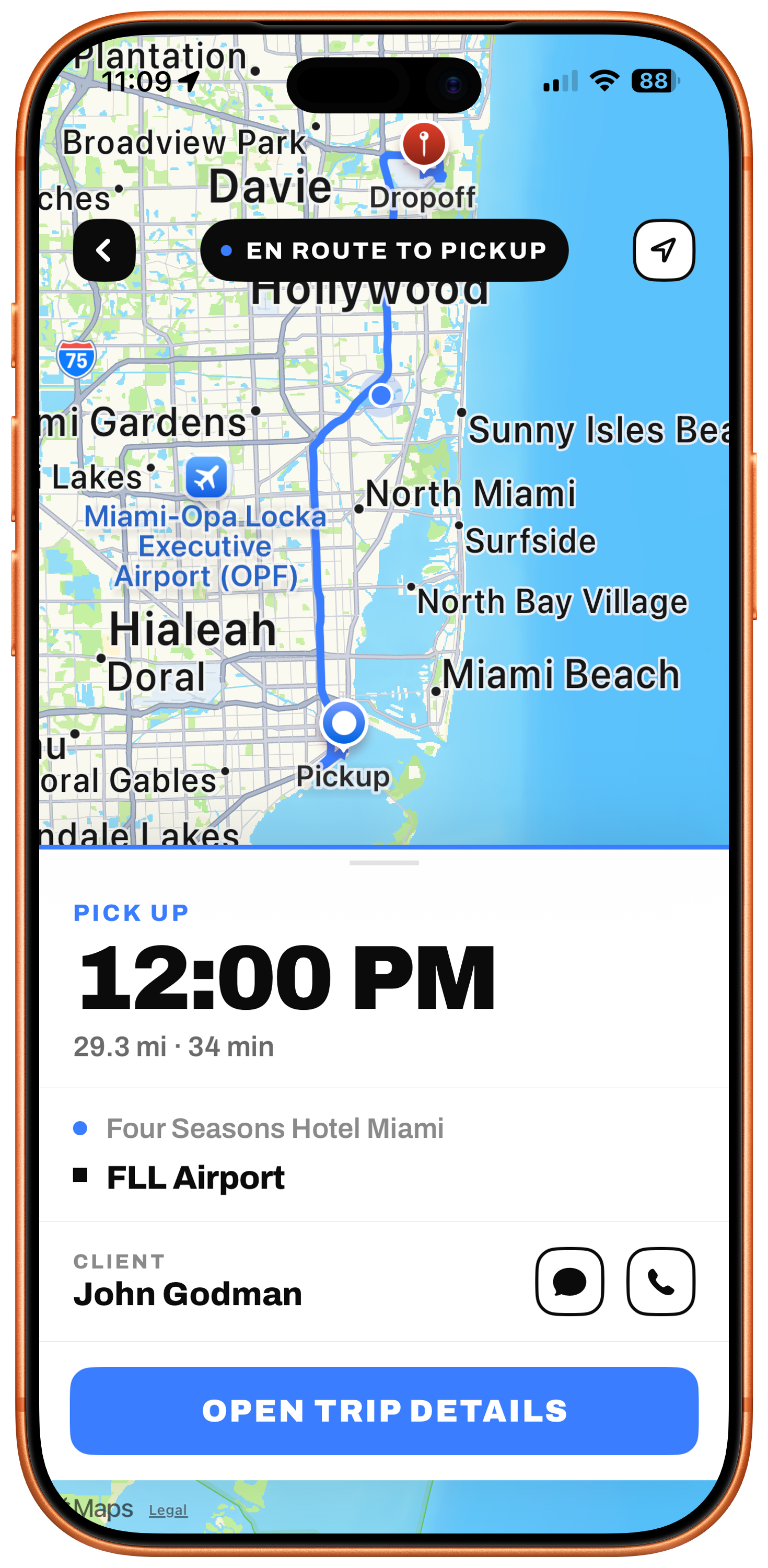 FareeWay Driver en route to pickup with a map, pickup time, mileage and client details