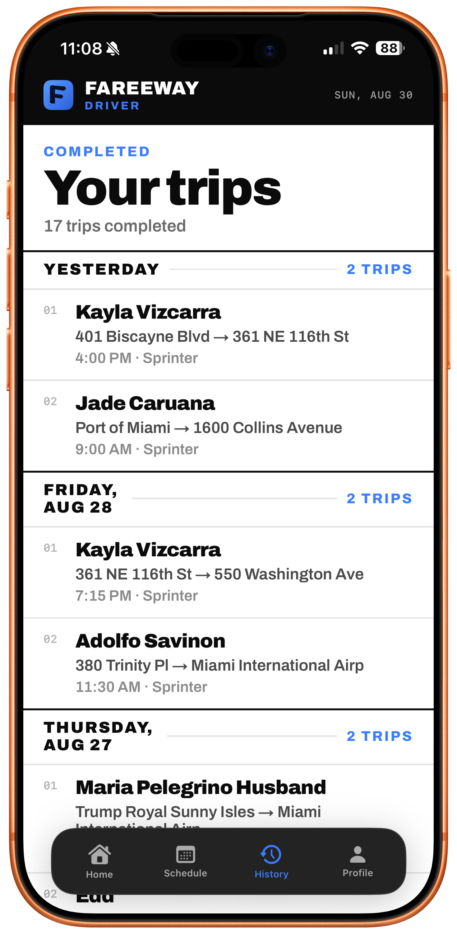 FareeWay Driver trip history listing completed runs with routes and times