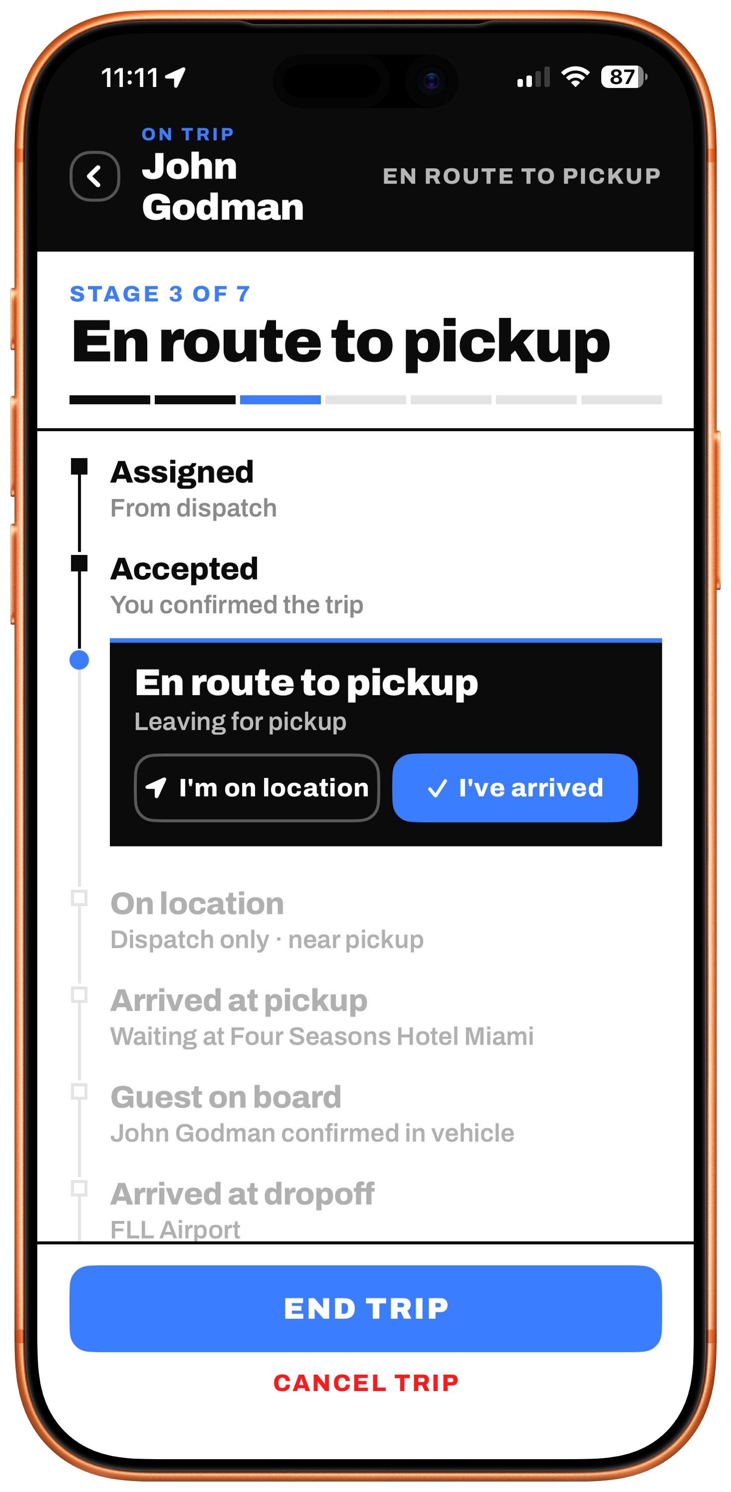 FareeWay Driver trip stage tracker showing the seven stages of a run