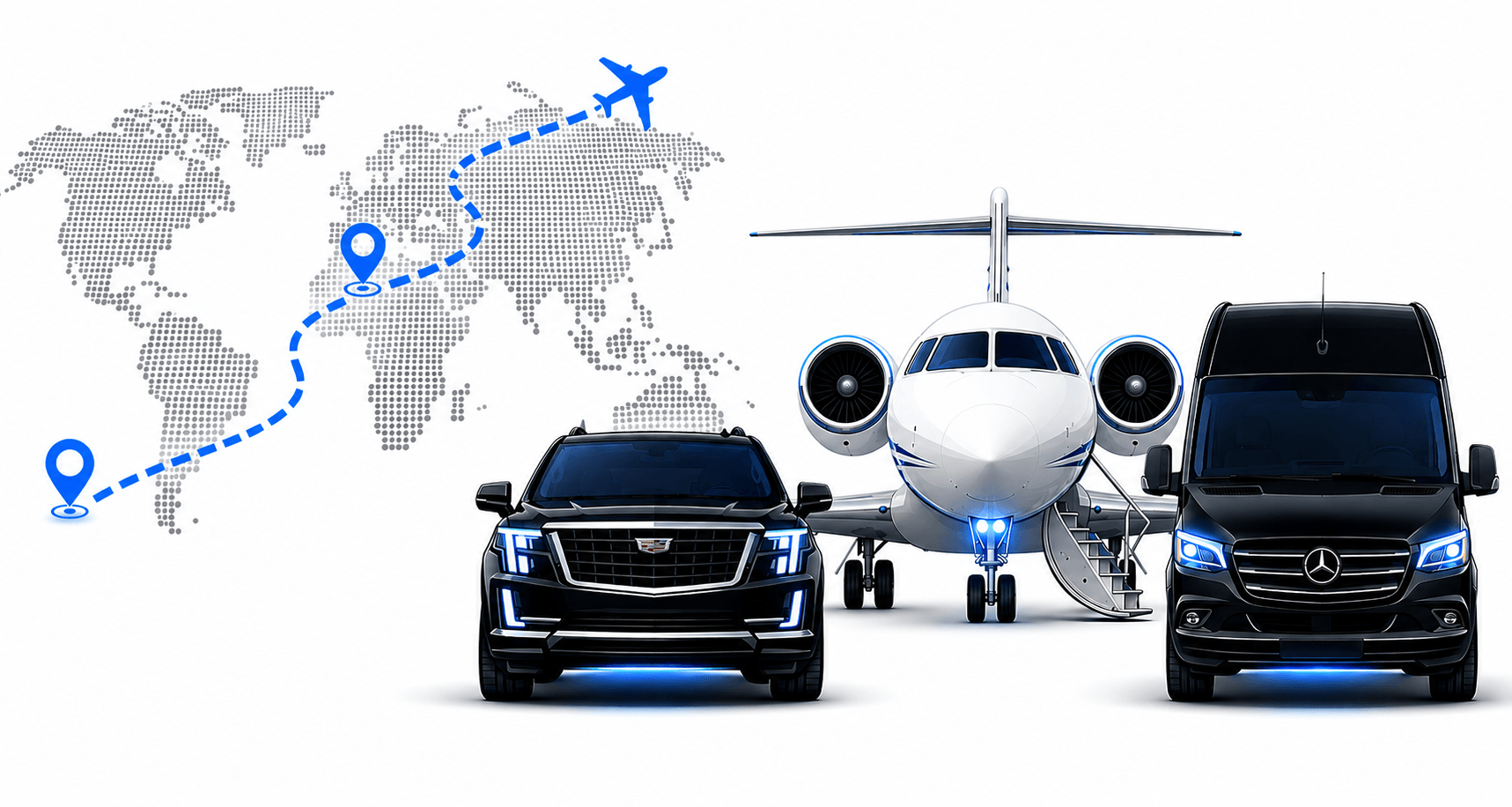 Black-car SUV, private jet and executive Sprinter van, with a route plotted across a world map