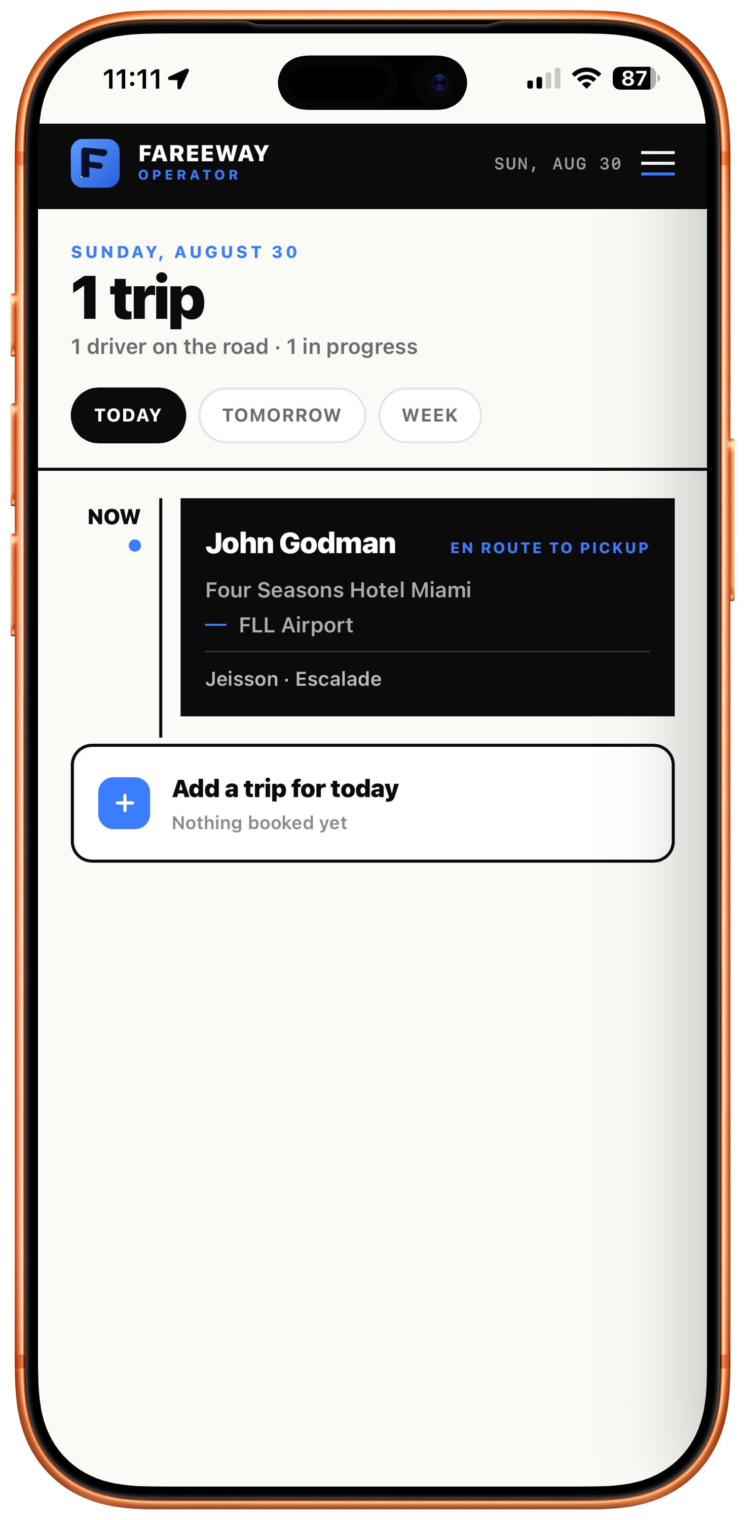 FareeWay Operator dashboard on a phone showing a trip en route to pickup